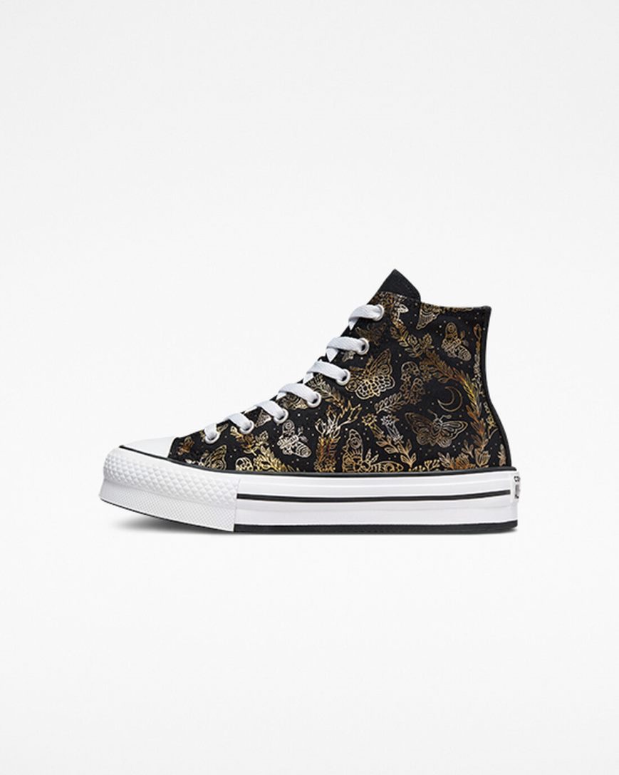 Zapatos Plataforma Converse Chuck Taylor All Star EVA Lift Butterfly Shine Altas Niña Negras Doradas Blancas | PE W75LP0